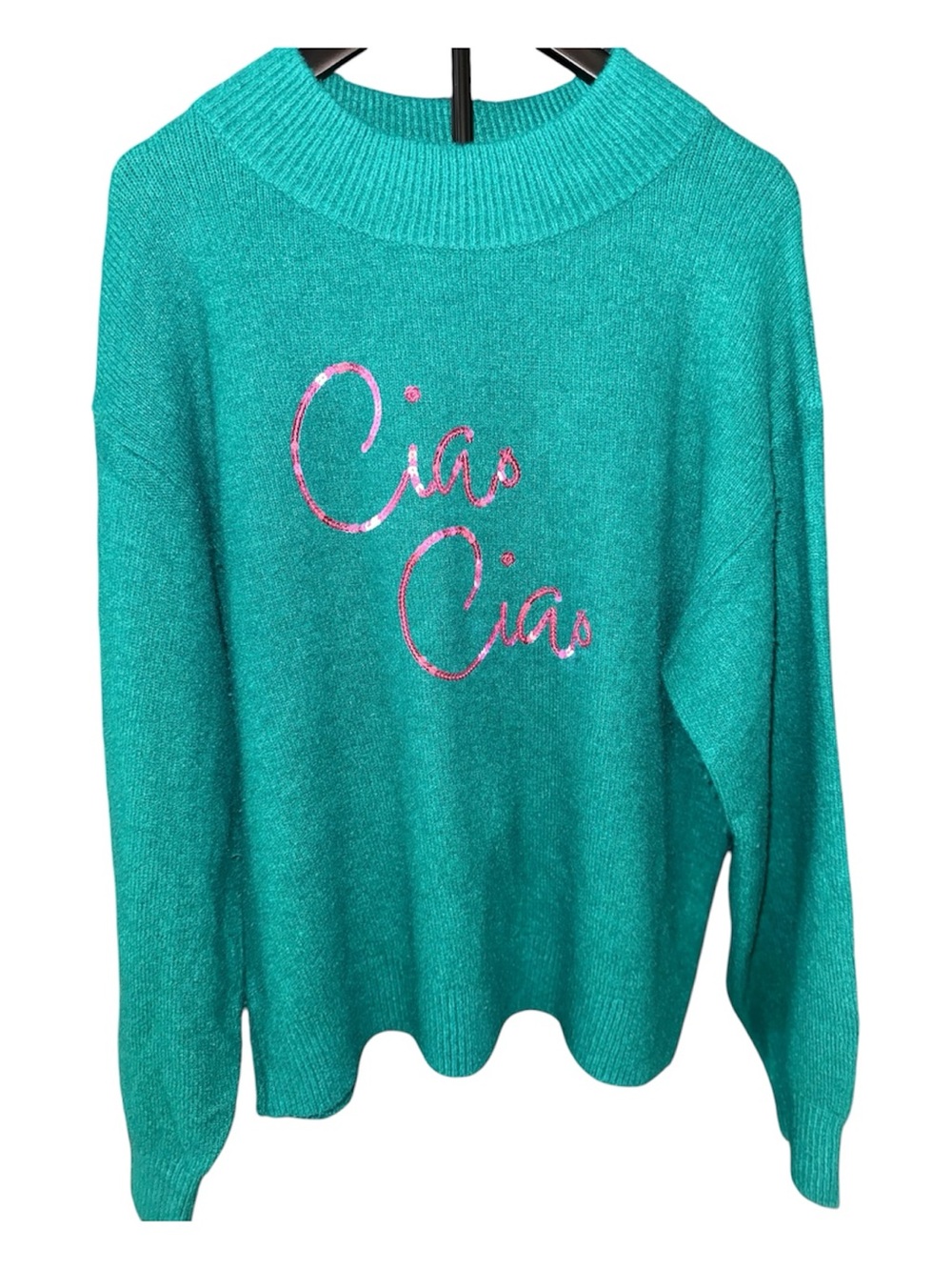 a new day Teal Ciao Ciao Script Pullover Sweater Size L